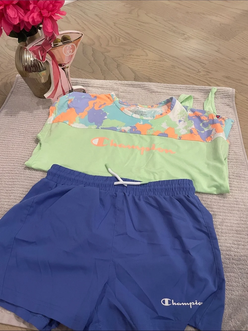 Champion Mint Green Tee with Multicolor Yoke & Royal Blue Shorts